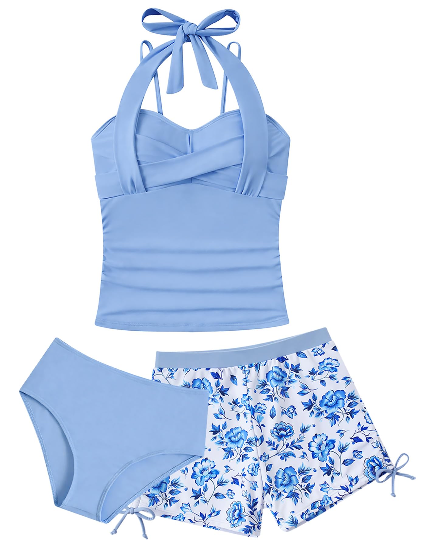 Girls wearing light blue tankini swimsuit set with matching swim shorts