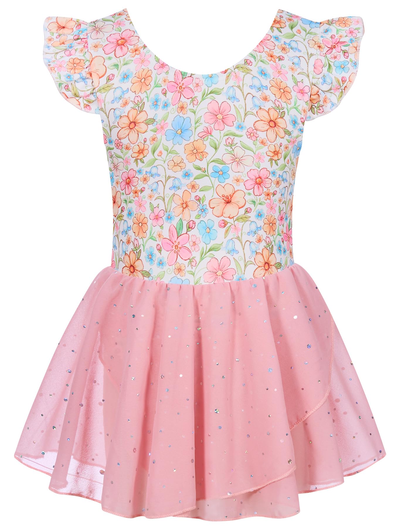Girls light pink floral ballet dress with sparkling skirt, beautiful kids dancewear for classes and performances.