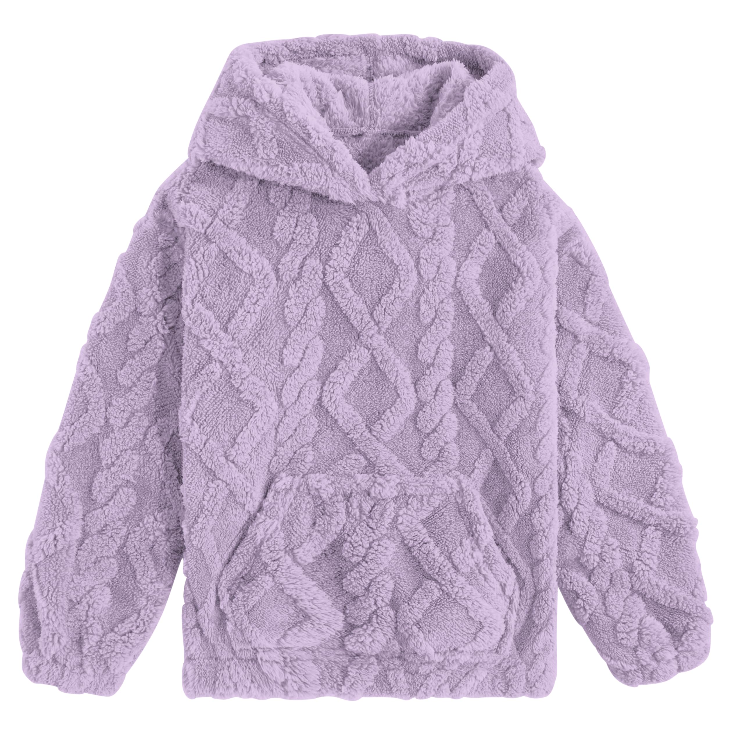 Girls light purple coral fleece hoodie with soft plush fabric, warm pullover design and comfortable hood for cool weather wear.