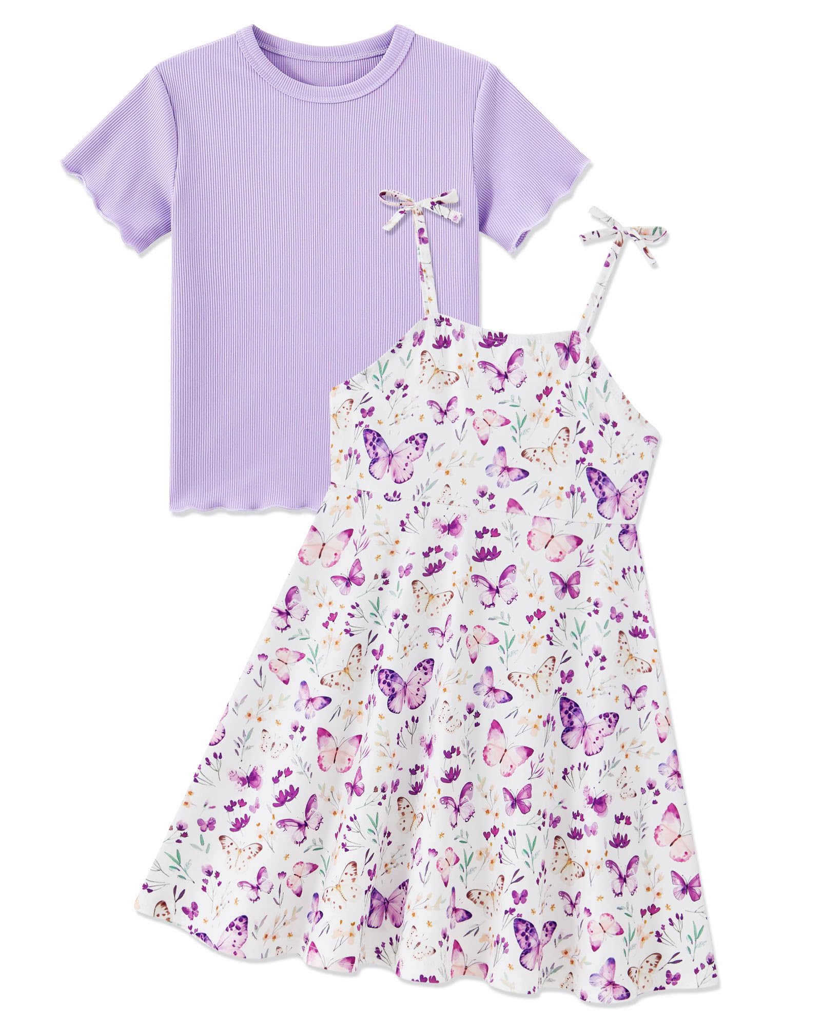 Girls light purple floral sundress set with matching T-shirt top and adjustable strap dress, cute summer outfit for kids.