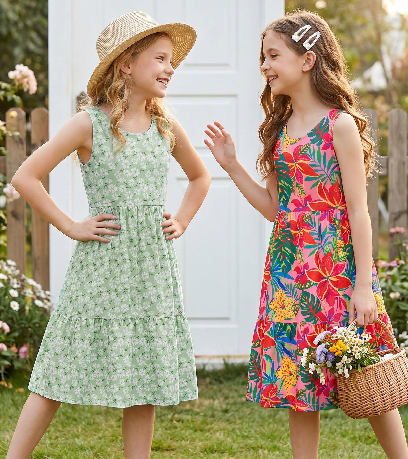 Two girls wearing colorful summer sundresses together, perfect kids outfits for vacations, parties and family occasions.