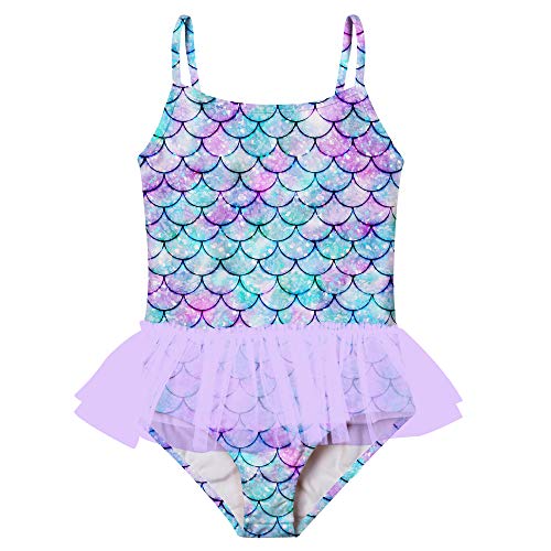 Girls mermaid tutu skirt one piece swimsuit with double layer mesh skirt and adjustable straps, cute princess swimwear for summer.
