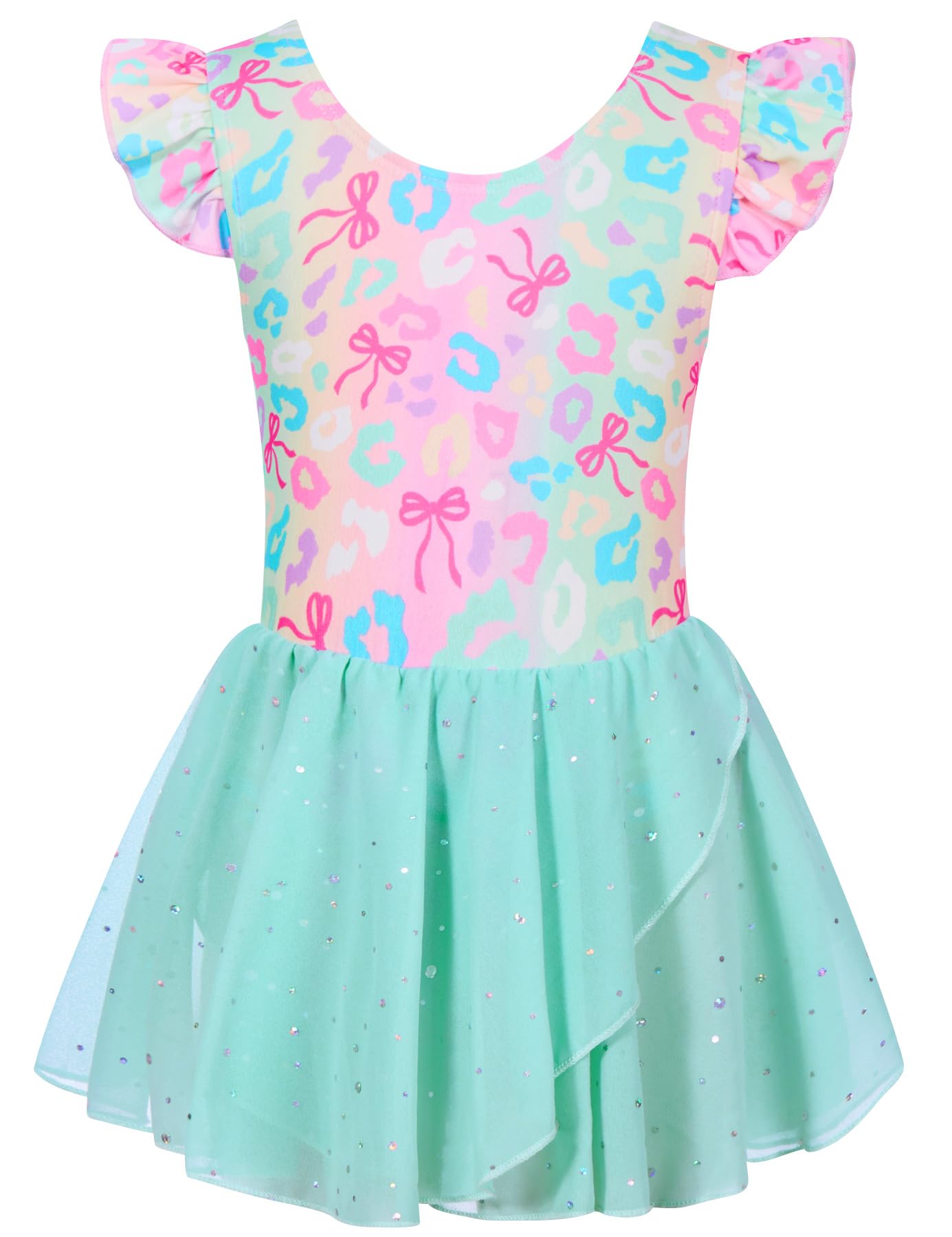 Girls mint bow dance dress with flutter sleeves and sequin skirt, comfortable outfit for young dancers.