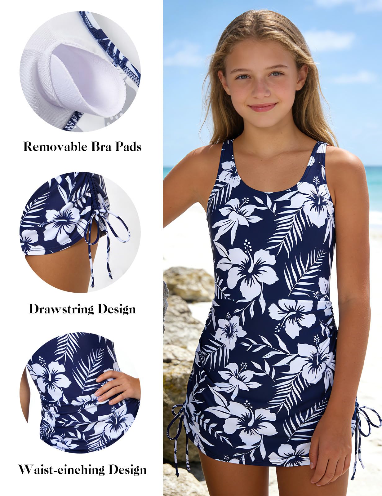 Einteiliger Badeanzug für Mädchen in Marineblau mit Blumenmuster, herausnehmbaren BH-Einlagen, verstellbarem seitlichem Kordelzug und Taillenschnürung für bequemen Strandlook.