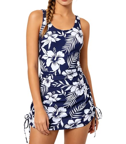 Mädchen-Badeanzug in Marineblau mit Blumenmuster, einteiliger Badeanzug mit seitlichem Kordelzug, stilvoll bedruckte Strandkleidung für den Sommerurlaub.