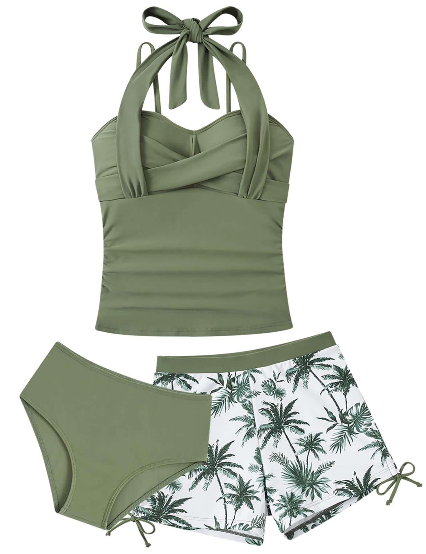 Olive green girls three piece tankini swimsuit with swim shorts