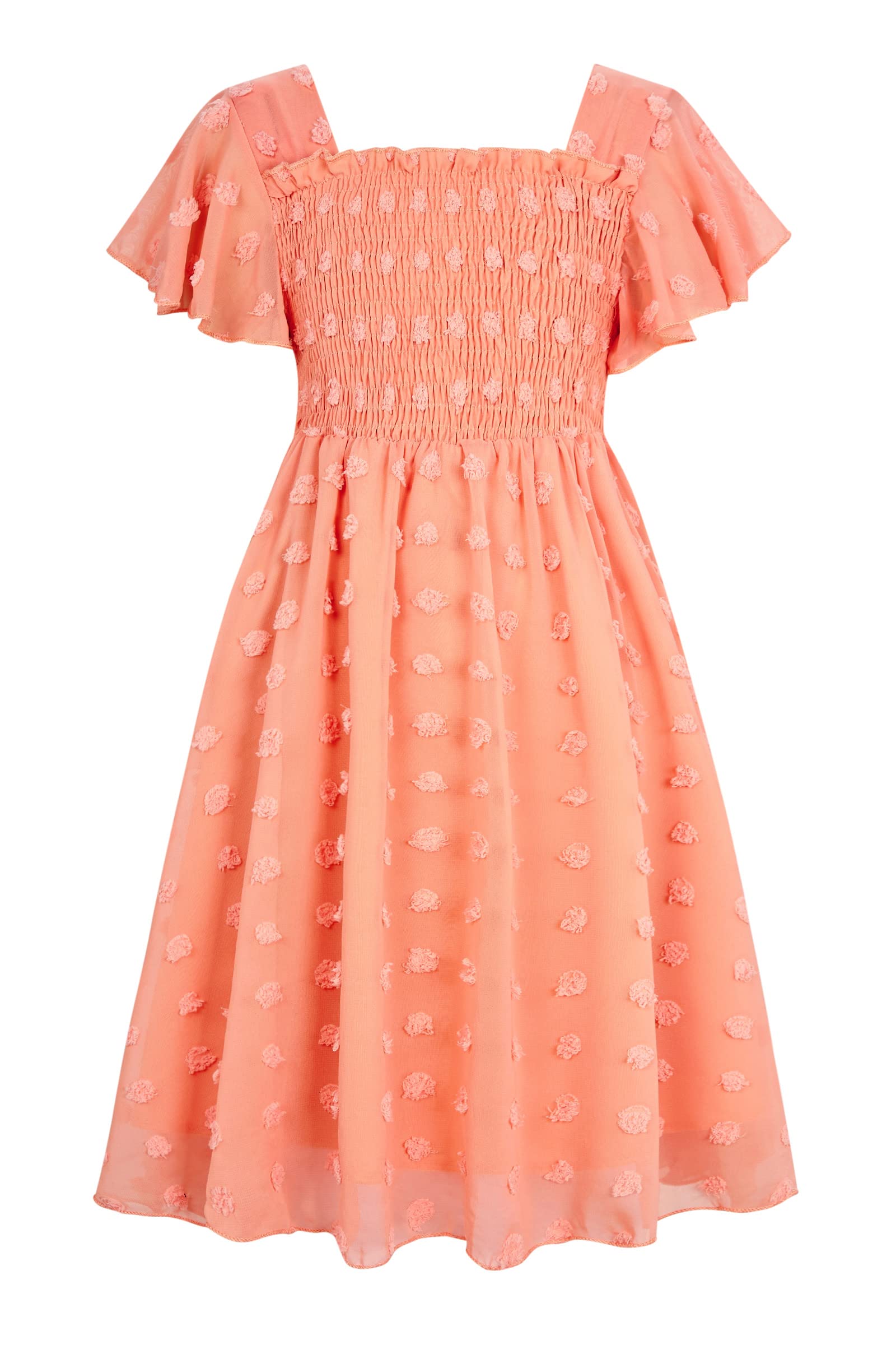 Girls orange chiffon dress with ruffle sleeve design, bright summer outfit for parties and family occasions.