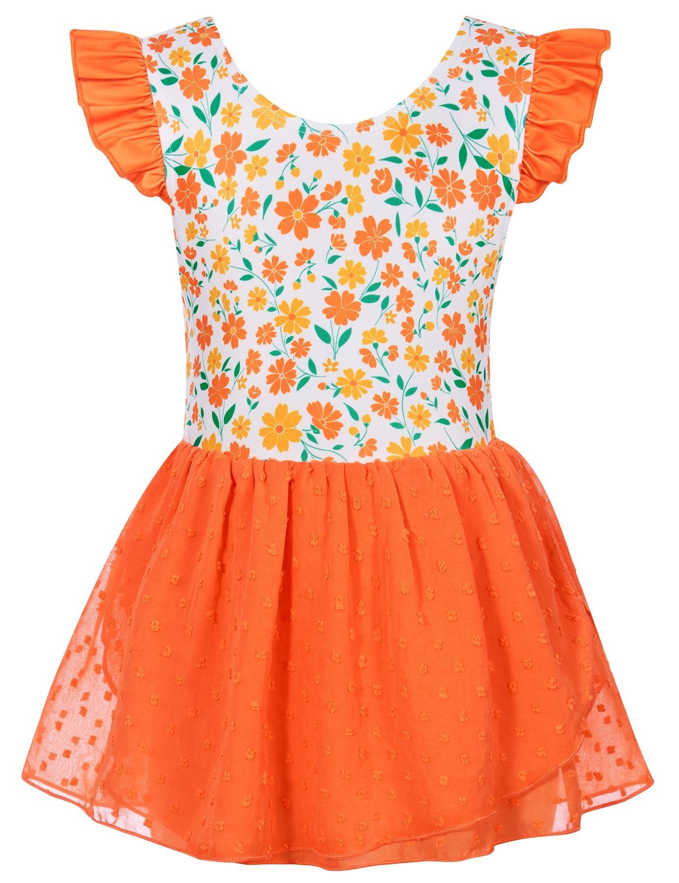 Orangefarbenes, florales Ballett-Trikotkleid für Mädchen mit Stretchstoff und Chiffonrock, stilvolle Tanzkleidung für Kinder.