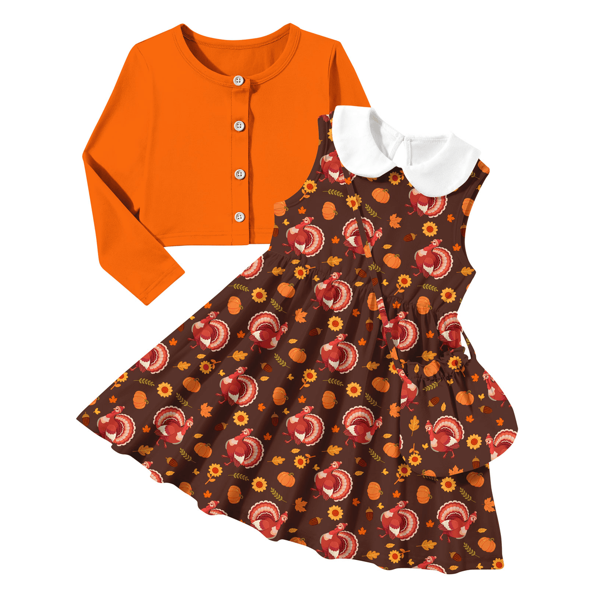 Girls orange floral dress and cardigan set displayed flat, featuring a sleeveless floral dress with a matching orange cardigan.