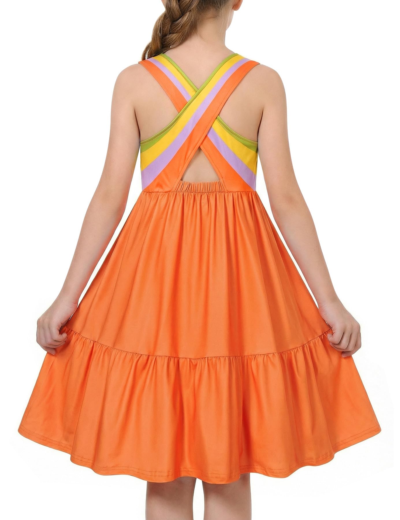 Girls orange rainbow strap sundress with bright color design, comfortable summer dress for outdoor play and special occasions.