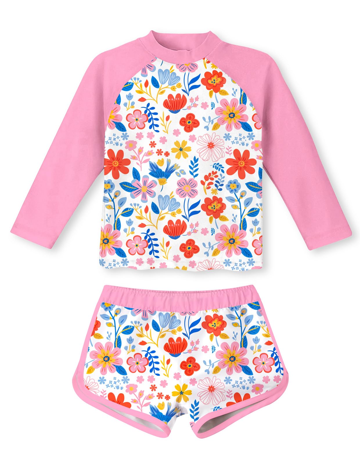 Girls pink botanical pattern rash guard swim set with long sleeves and shorts, comfortable printed swimwear for kids.