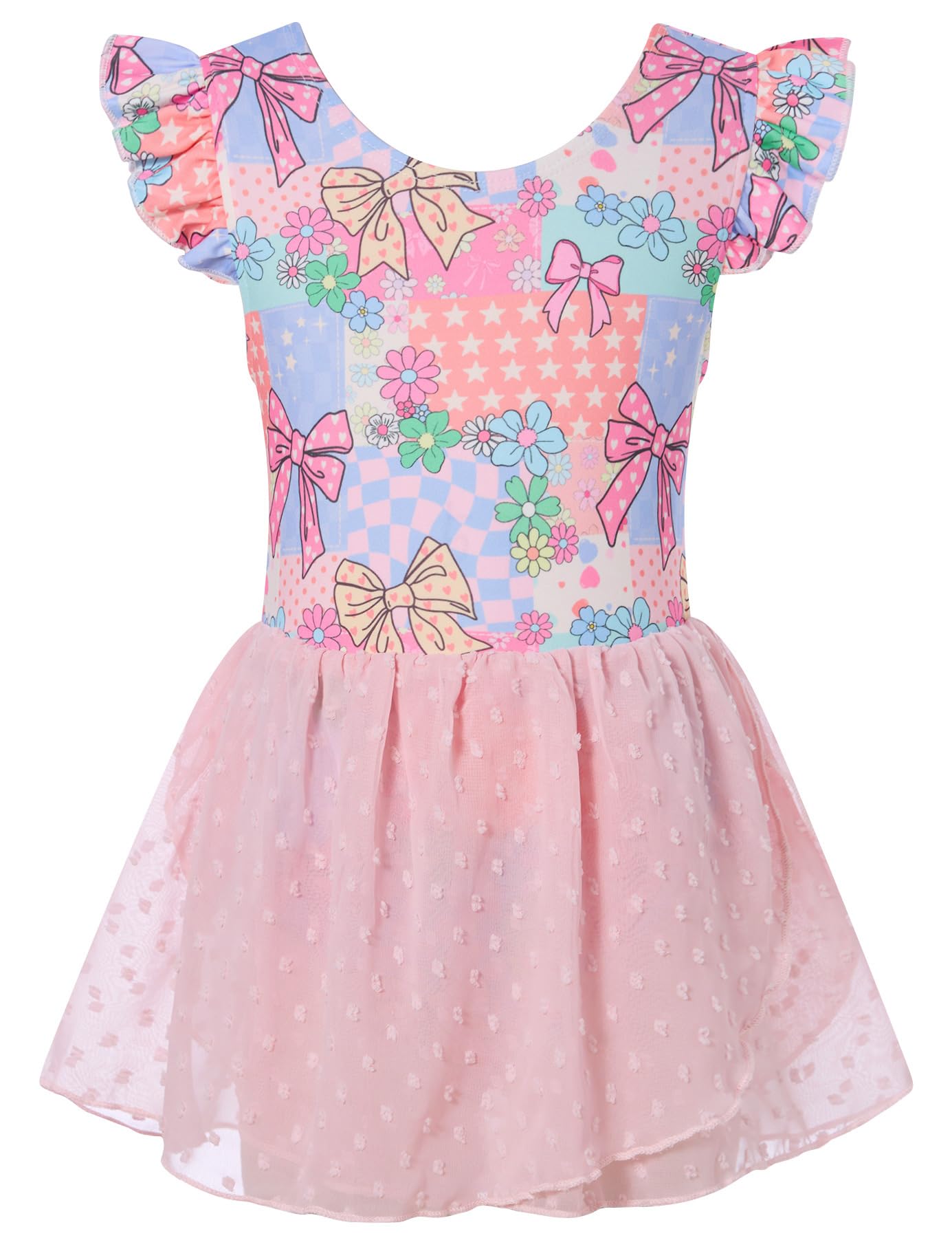 Girls pink bow ballet dress with ruffle sleeves and layered skirt, adorable dance outfit for young girls.