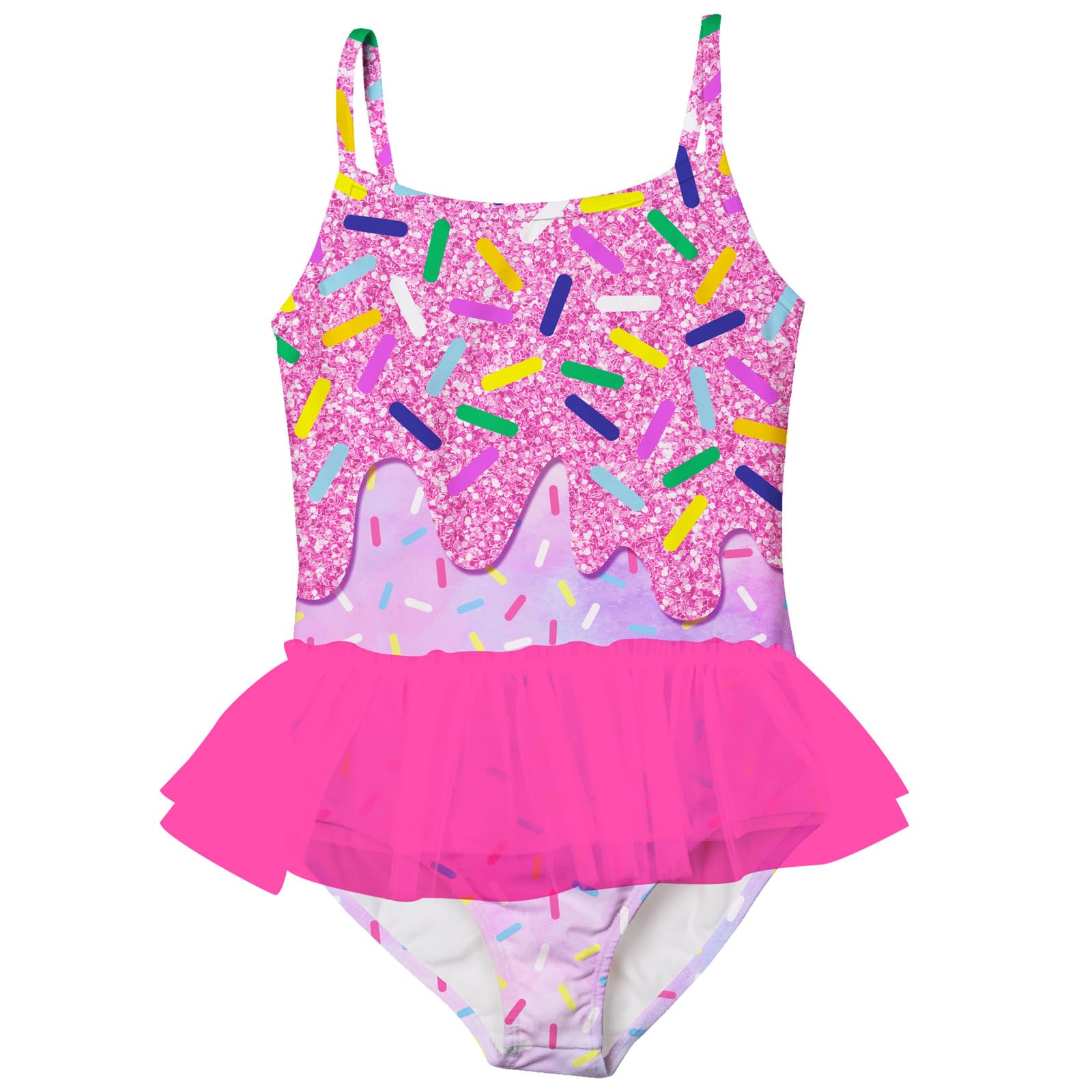 Girls pink cake pattern tutu swimsuit with layered mesh skirt, playful swimwear for pool parties and summer activities.