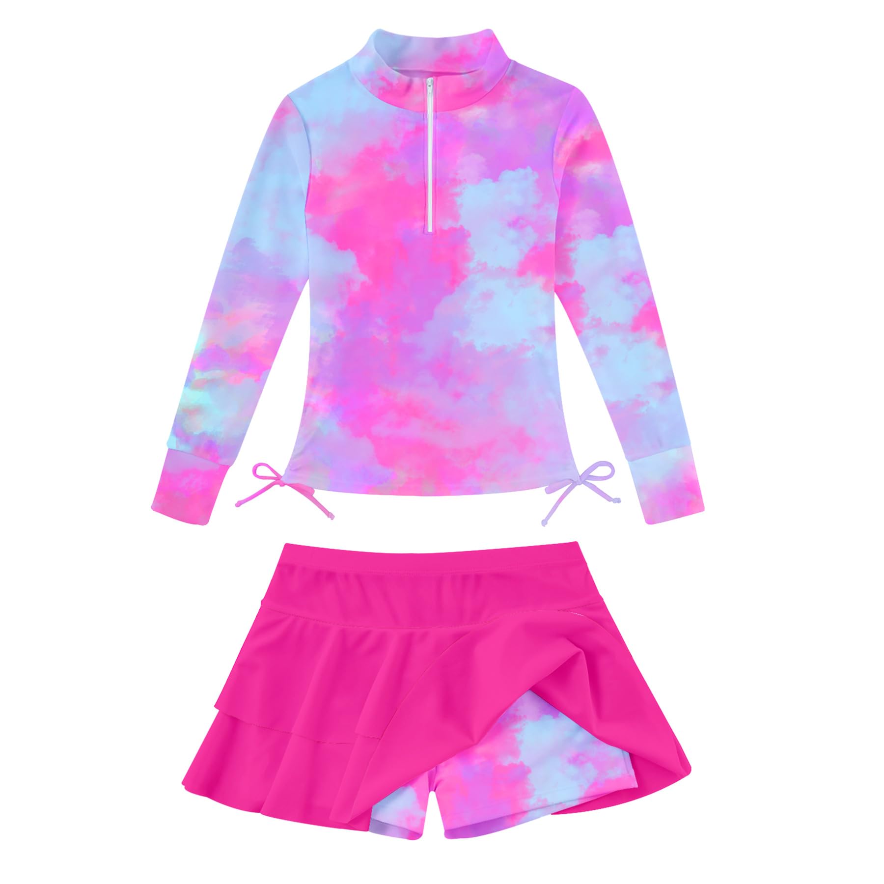 Girls pink cloud printed long sleeve rash guard swimsuit with skirt bottom, cute summer swimwear for pool parties and vacations.