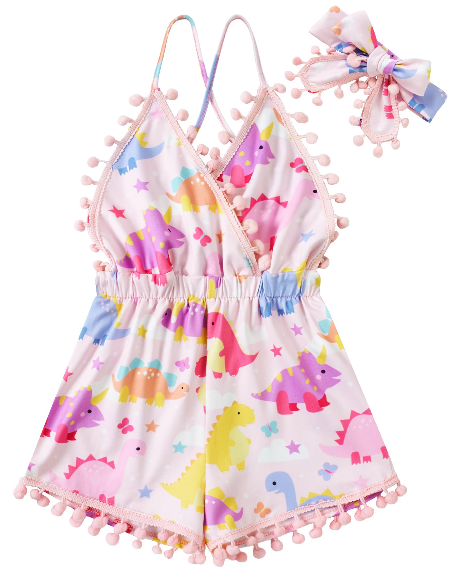 Girls pink dinosaur print romper dress with playful pattern and comfortable fit, cute toddler outfit for everyday wear.