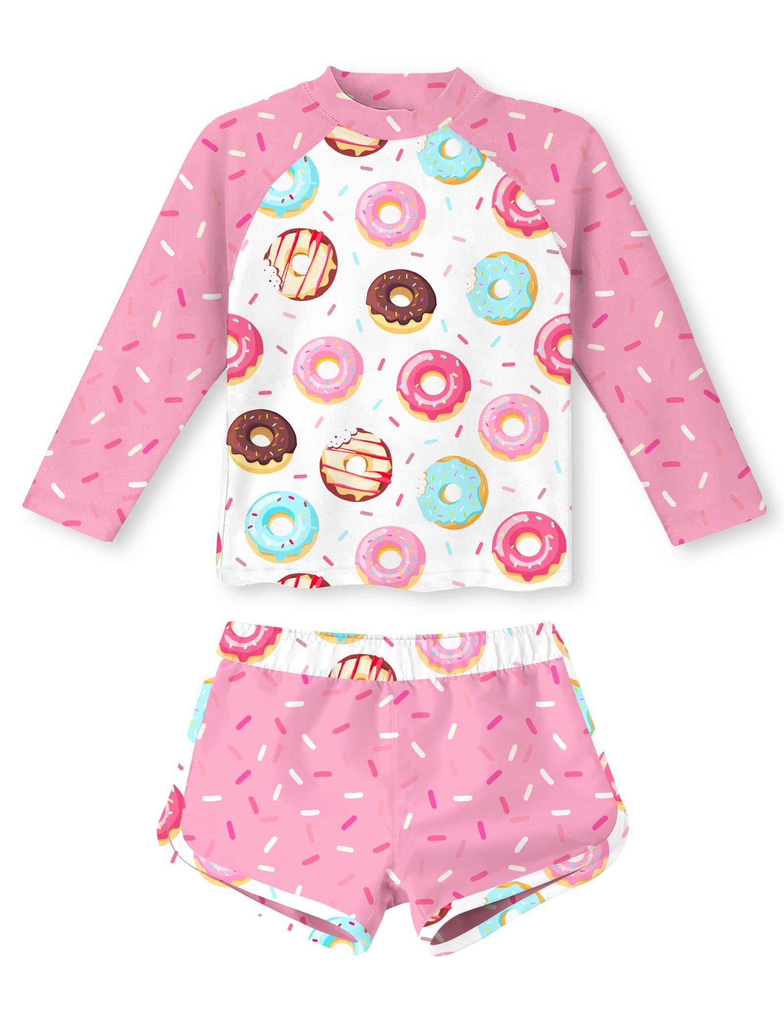 Girls pink donut printed swimsuit set with long sleeve rash guard top and matching shorts, playful summer swimwear for kids.