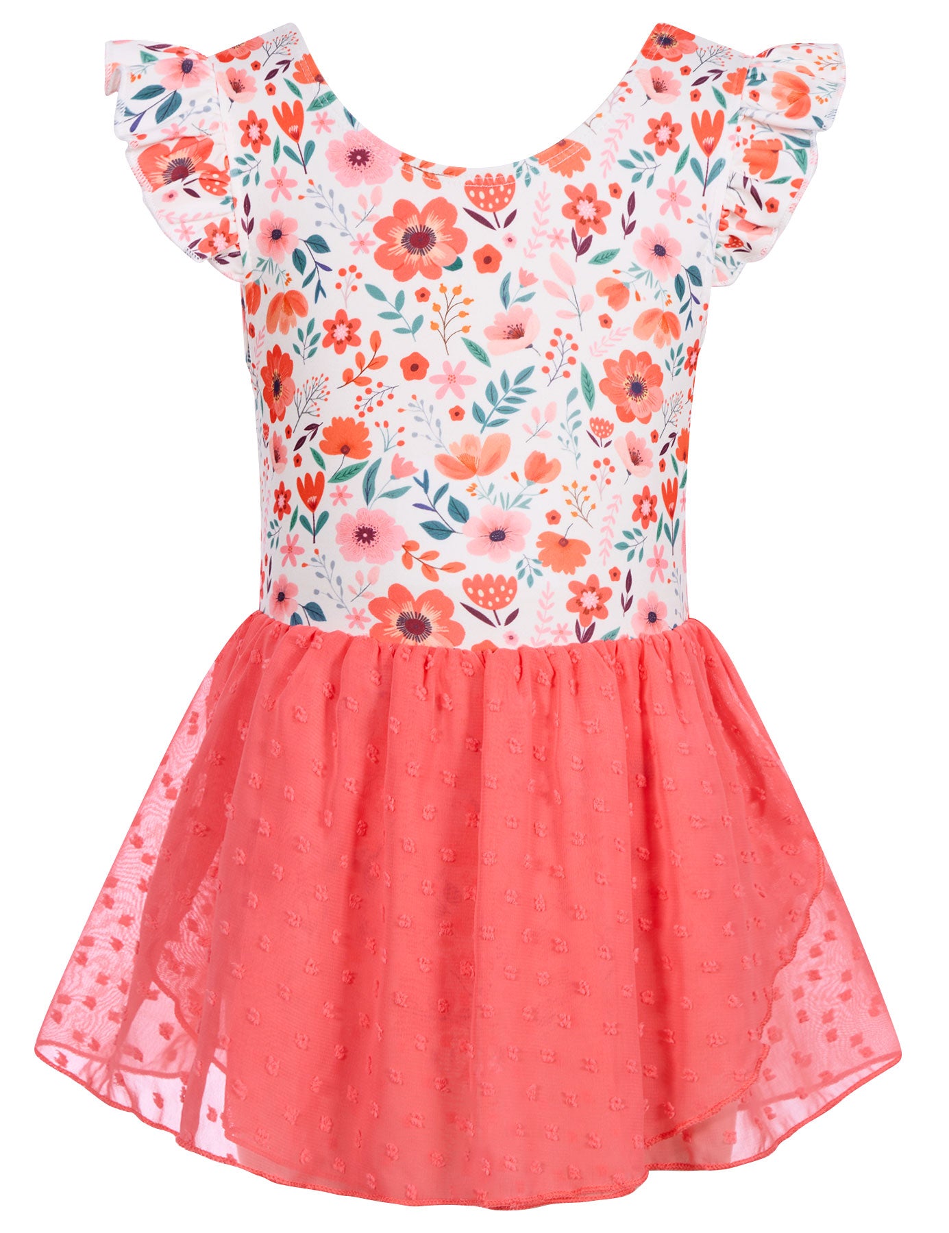 Girls pink floral ballet dance dress with printed bodice and double layer chiffon skirt, perfect for dance classes and occasions.