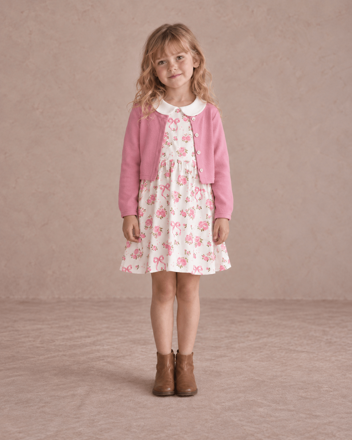 Girl wearing a pink floral dress and cardigan set in a front standing pose, showing the floral pattern, button cardigan and layered dress design.