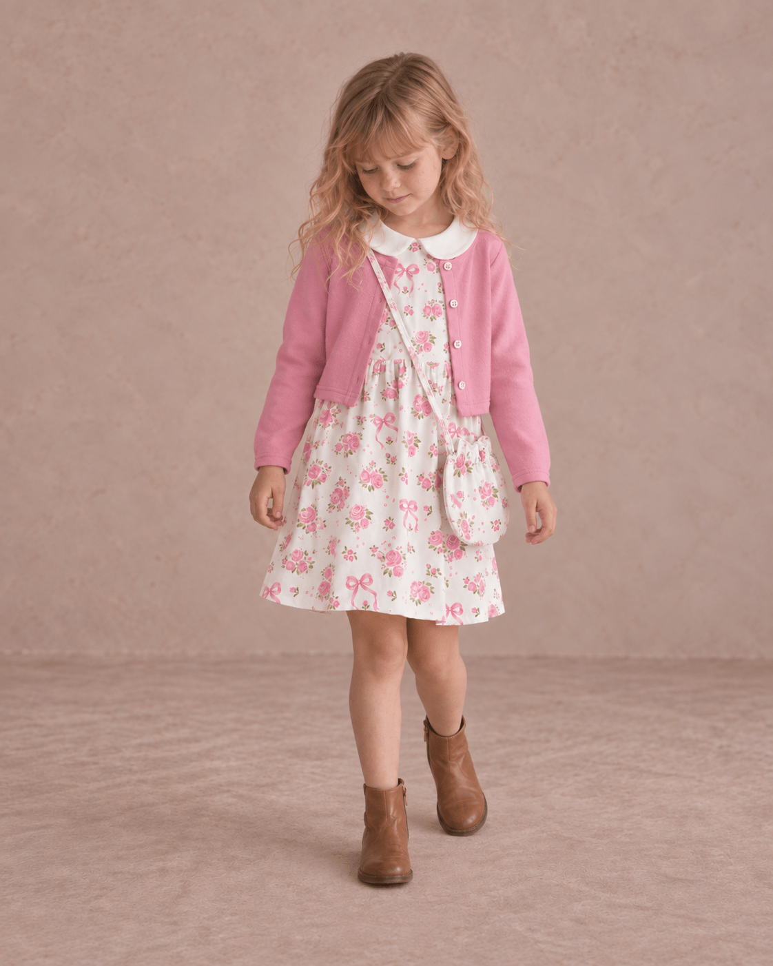 Girl wearing a pink floral dress with matching cardigan, standing with a soft downward pose and showing the layered skirt, floral print and coordinated outfit.