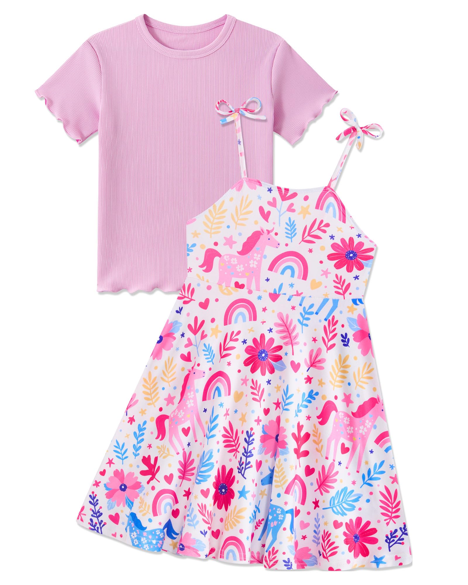Girls pink floral dress set with comfortable T-shirt top, cute summer outfit for toddlers and young girls.