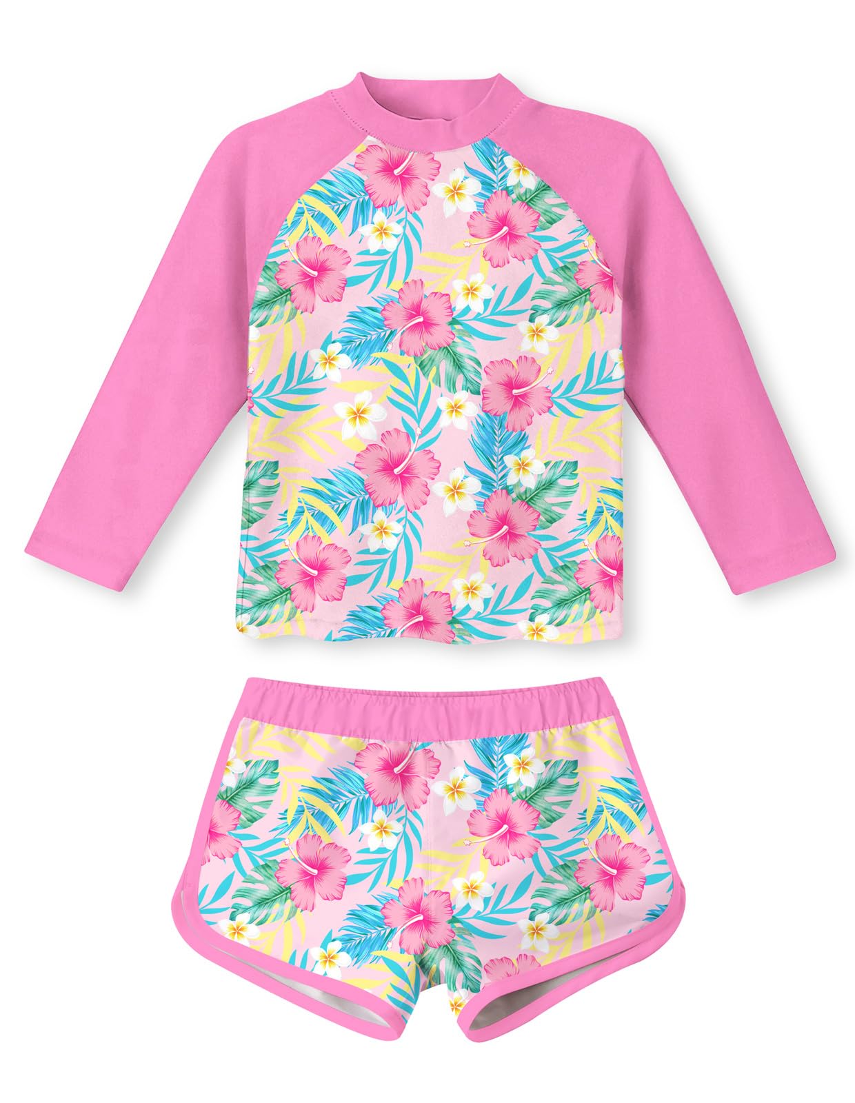Girls pink floral long sleeve swimwear set with printed rash guard top and shorts, comfortable kids swimsuit for vacations.