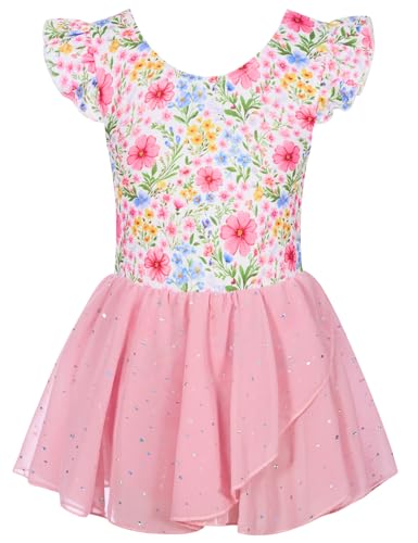 Girls pink floral sparkle ballet leotard dress with flutter sleeves and sequin chiffon skirt, elegant dancewear for young dancers.