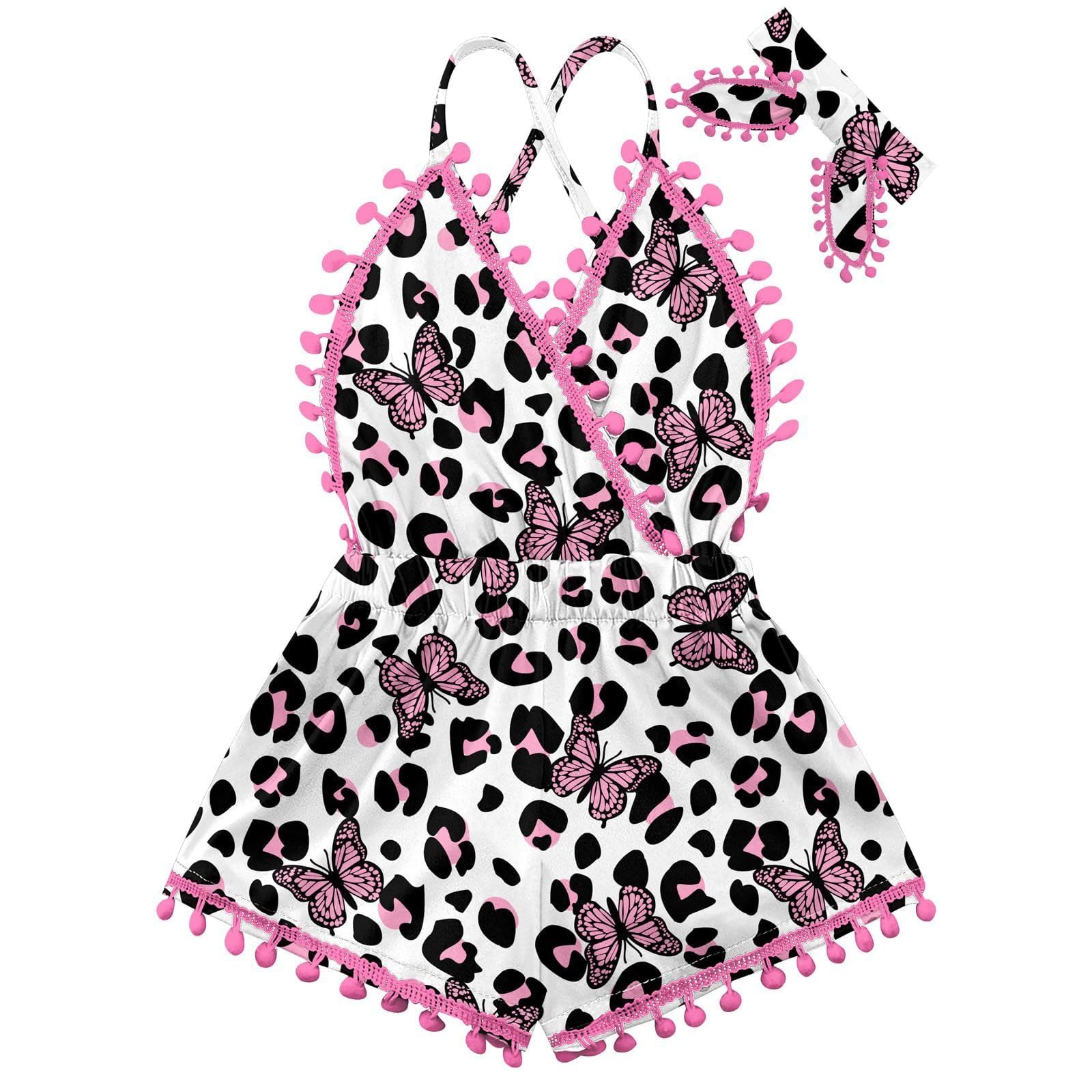 Girls pink leopard print romper dress with cute design and comfortable fabric, stylish toddler outfit for summer occasions.