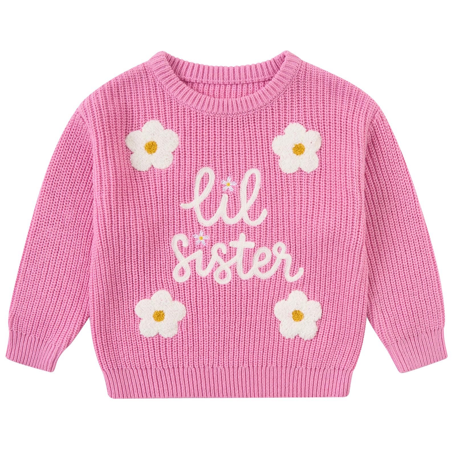 Girls pink knit sweater with Lil Sister lettering and daisy details, a cute sibling-themed top for fall and winter outfits.