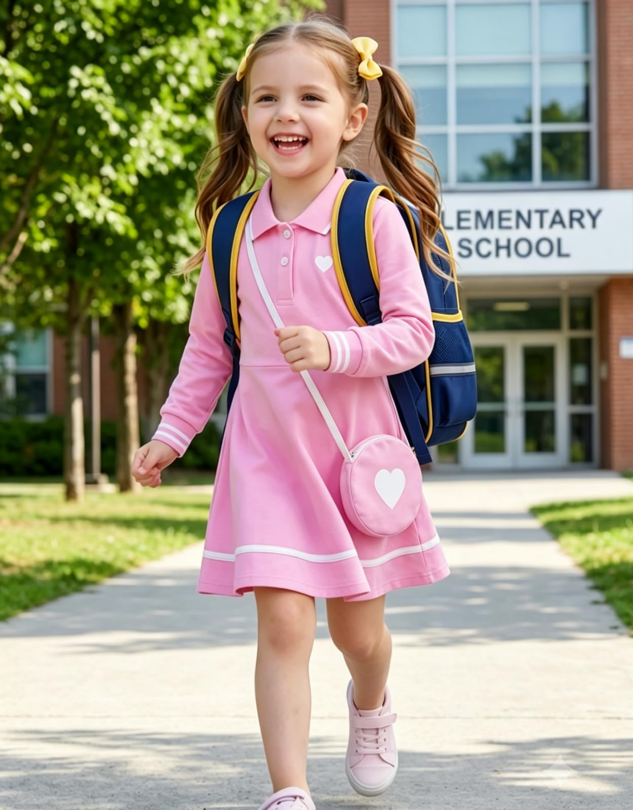 Girl wearing a pink long sleeve polo dress with a backpack and heart crossbody bag at school, cute preppy outfit for back to school and everyday wear.