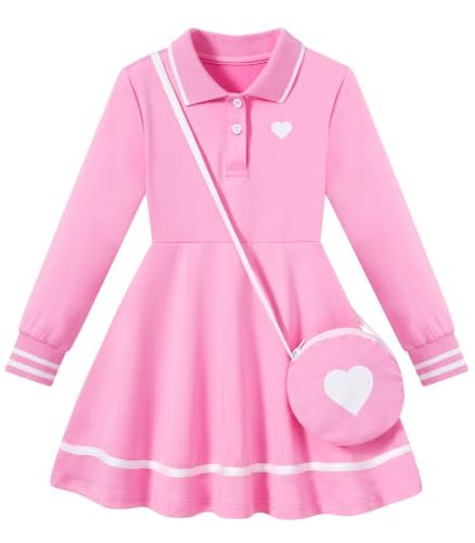 Girls pink long sleeve polo dress with heart crossbody bag, classic collared dress design for school, parties and everyday wear.