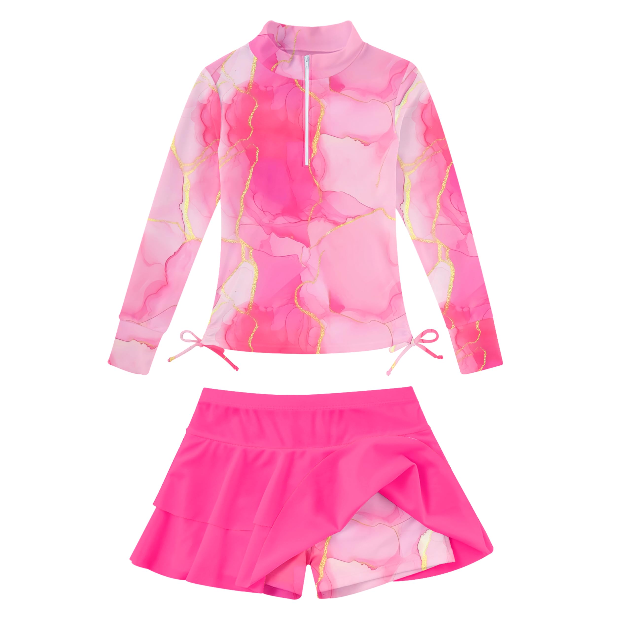 Girls pink marble print long sleeve rash guard swimsuit set with skirt, stylish two piece swimwear for summer beach adventures.