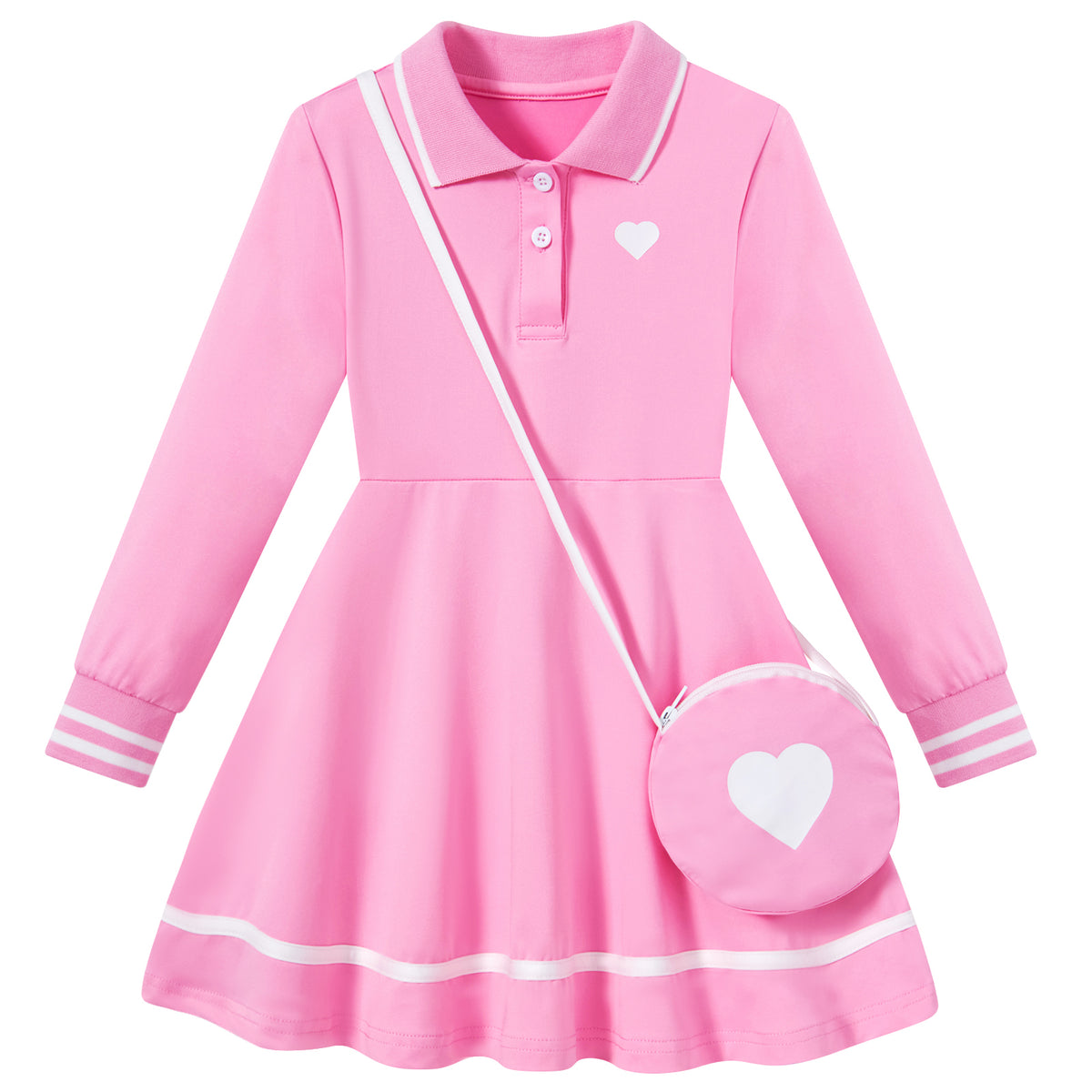 Girls pink long sleeve polo dress with white contrast trim and matching heart shoulder bag, featuring a flared skirt and classic collar design.