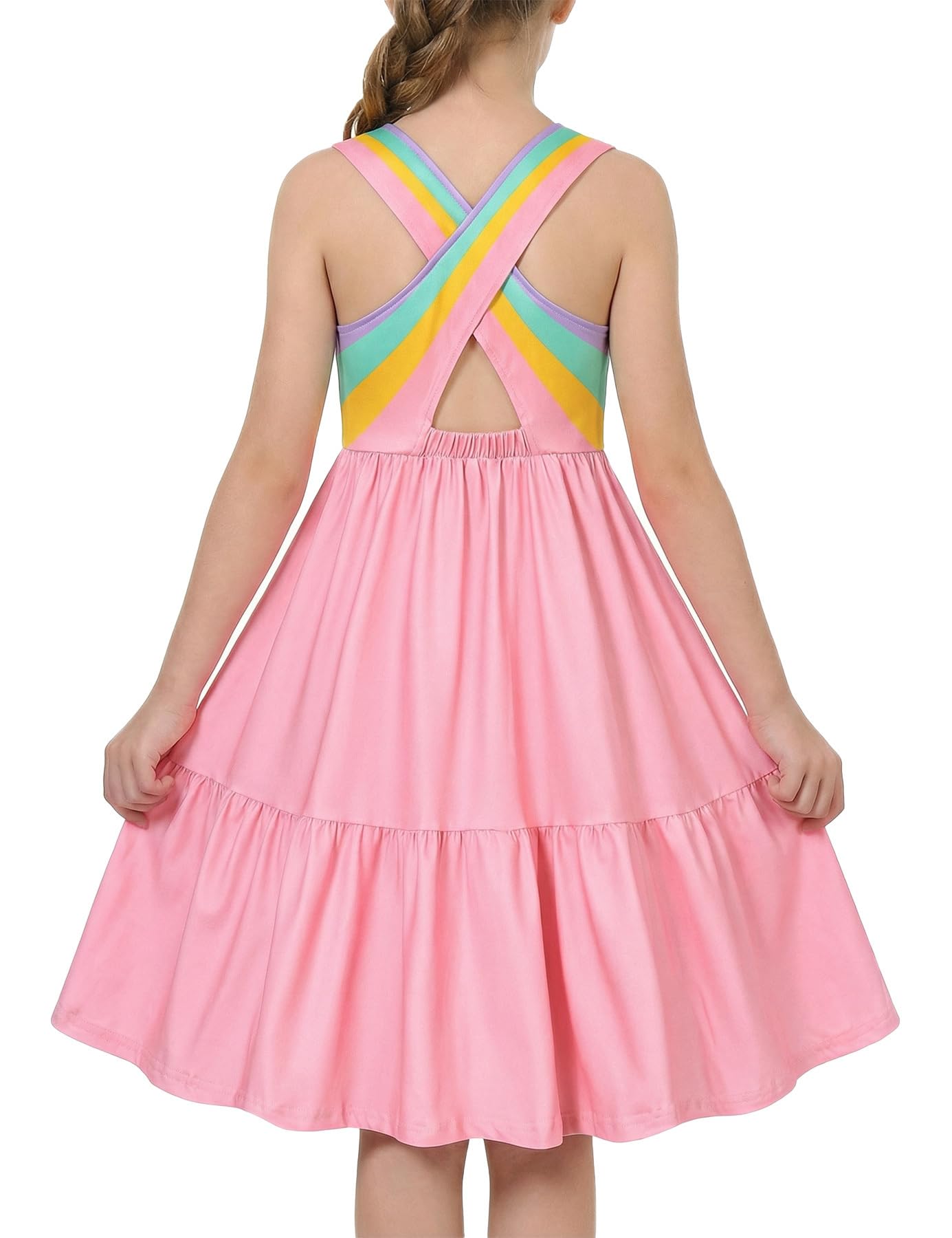 Girls pink rainbow strap sundress with colorful cross straps, lightweight summer dress with a comfortable fit for daily wear and vacations.
