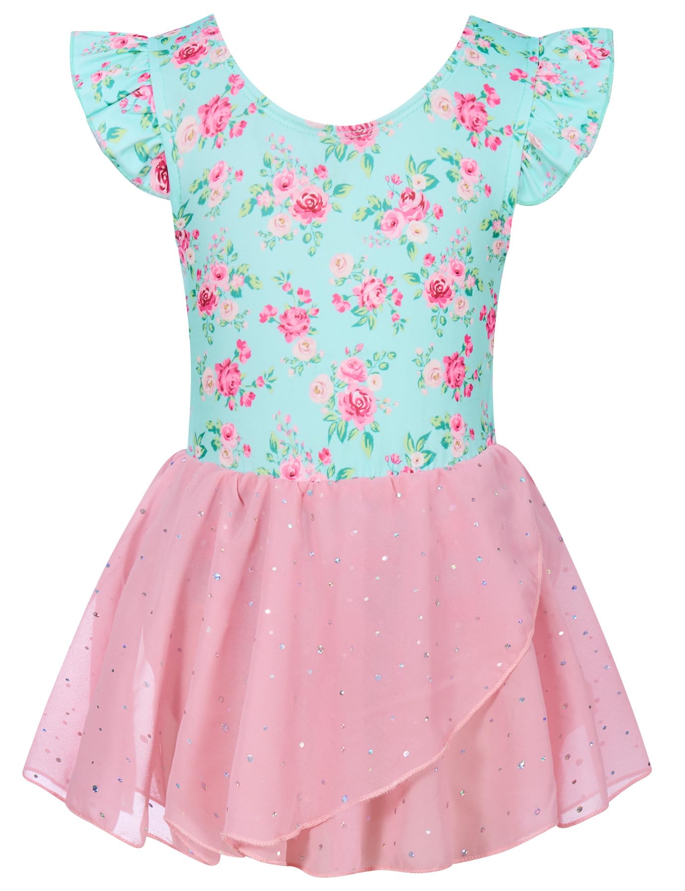 Girls pink rose printed ballet leotard dress with ruffle sleeves and sequin skirt for dance activities.