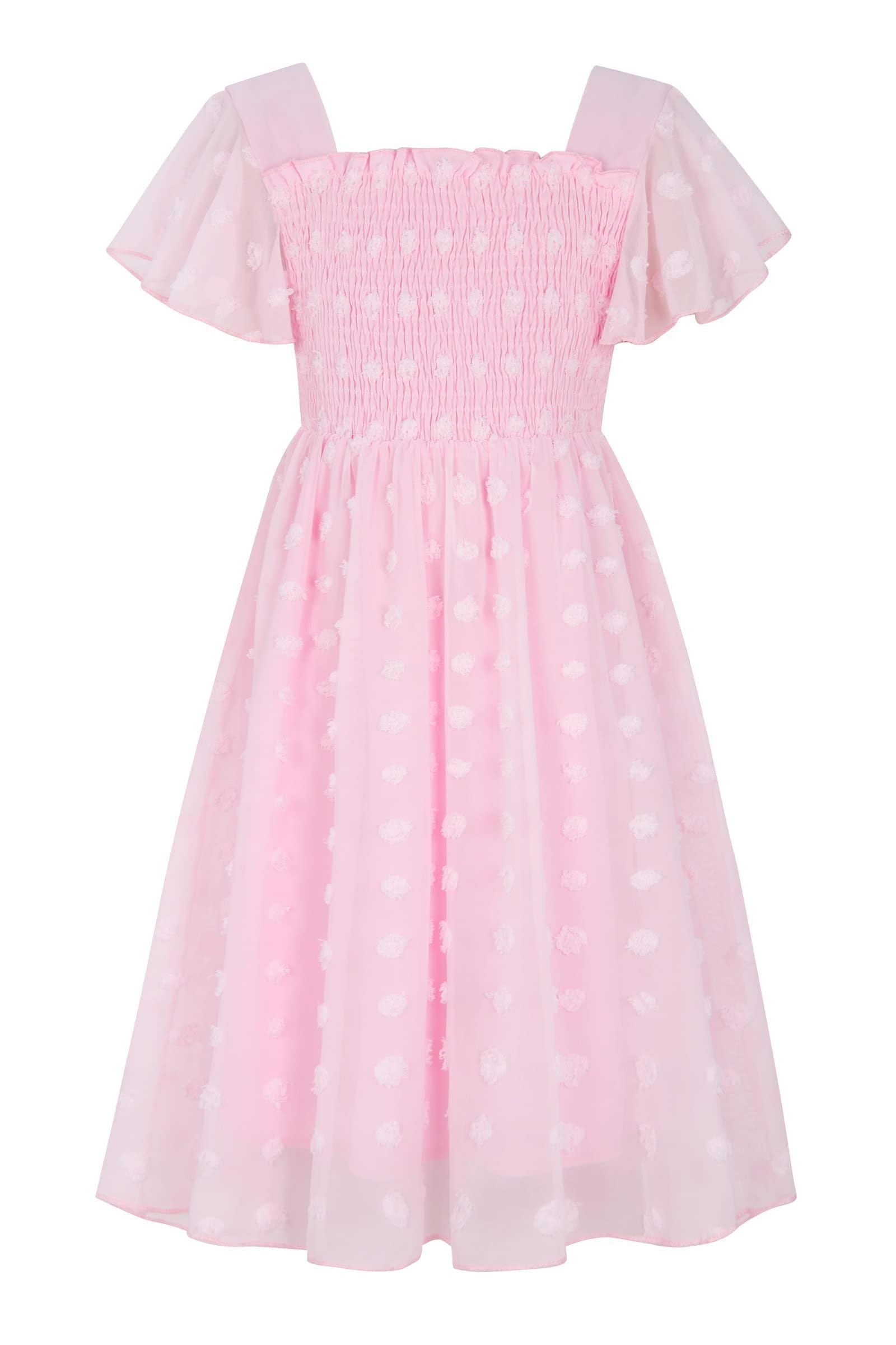 Girls pink chiffon dress with Swiss dot texture and ruffle details, cute party outfit for birthdays and celebrations.