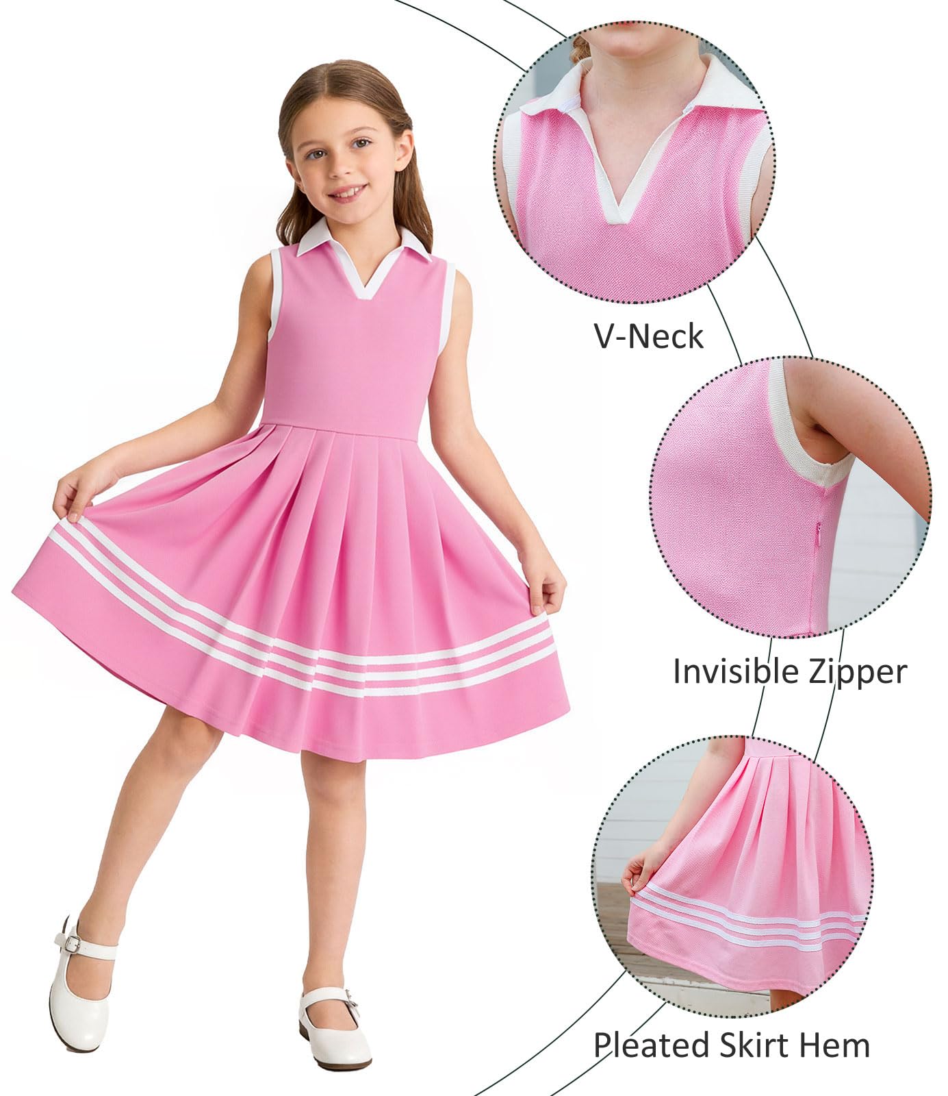 Close up details of girls polo dress showing pique fabric texture, ribbed collar, cuffs and side zipper design.