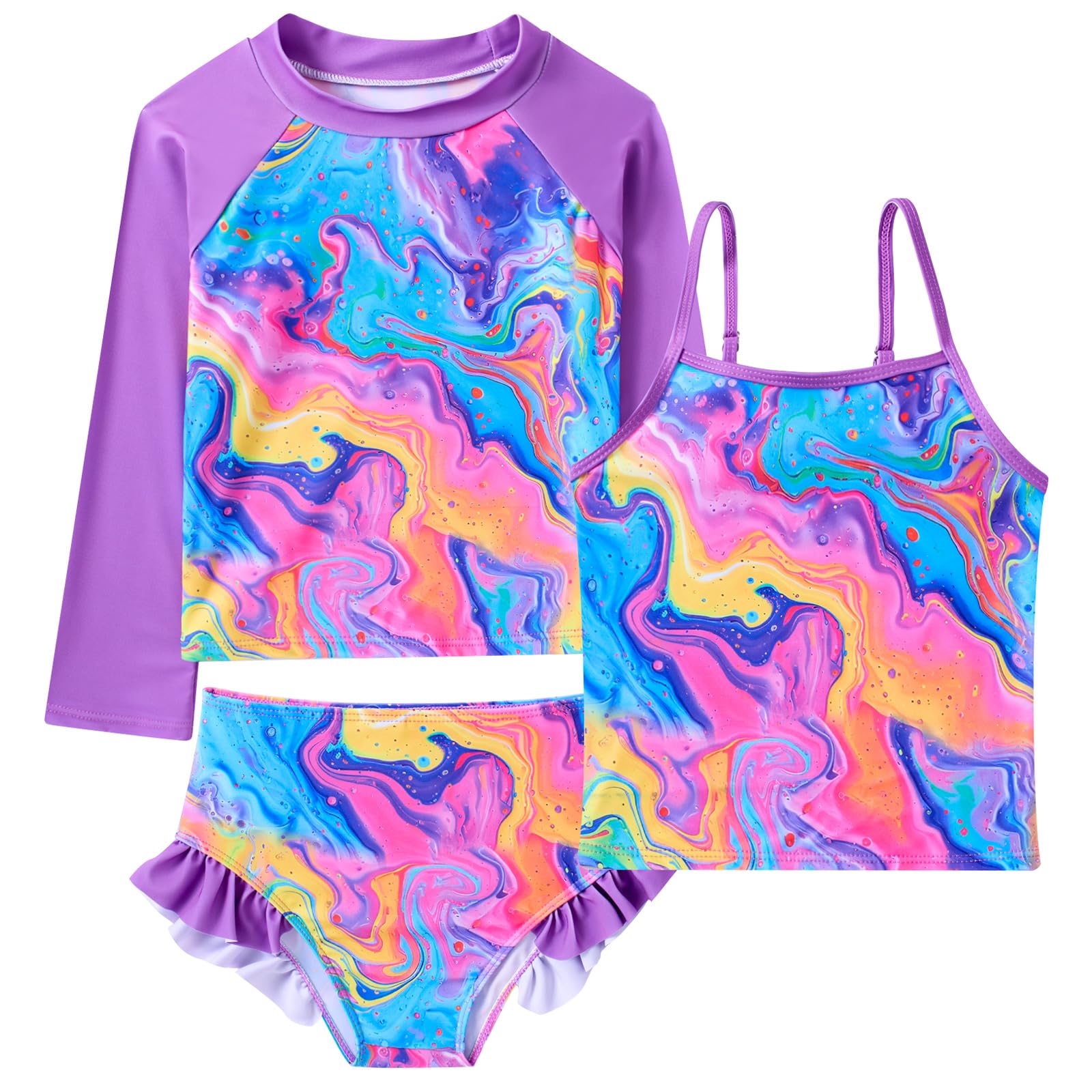 Girls purple abstract print tankini set with rash guard top and shorts, unique colorful swimsuit design for kids.