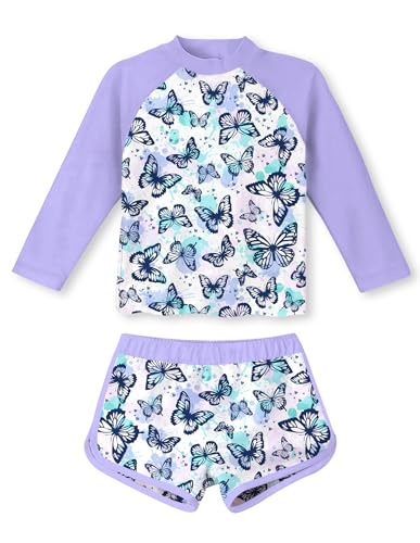 Girls purple butterfly long sleeve rash guard swimsuit set with matching swim shorts, UPF 50 sun protection swimwear for summer.