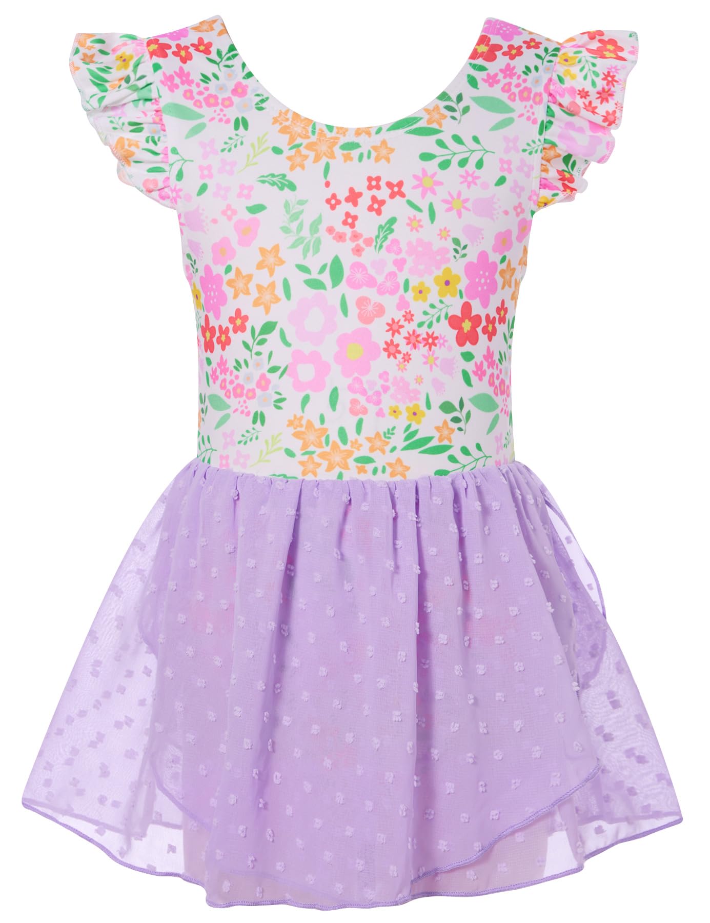 Girls purple floral ballet dress with soft chiffon skirt and stretch fabric, elegant dancewear for children.
