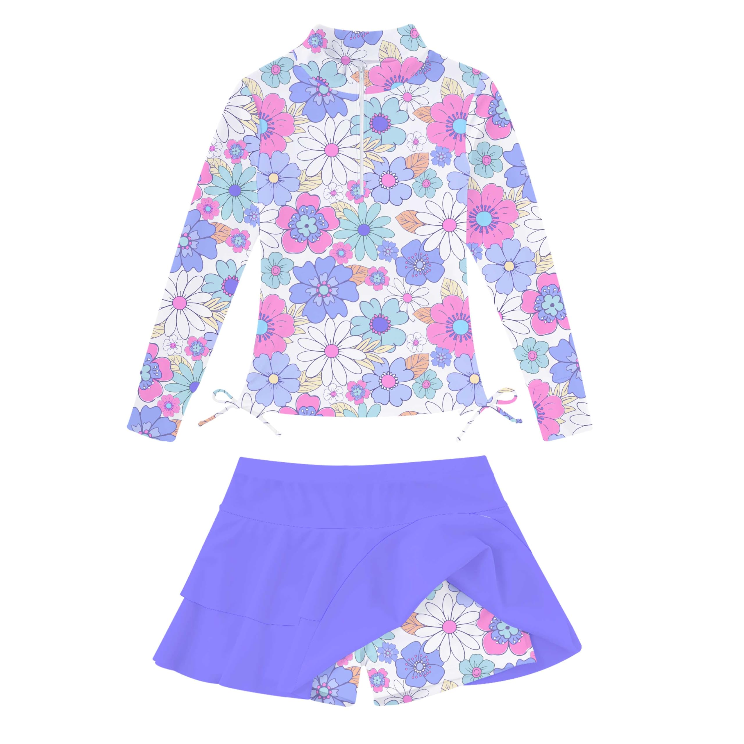 Girls purple floral printed long sleeve swimsuit with skirt, comfortable two piece swimwear designed for beach and pool activities.