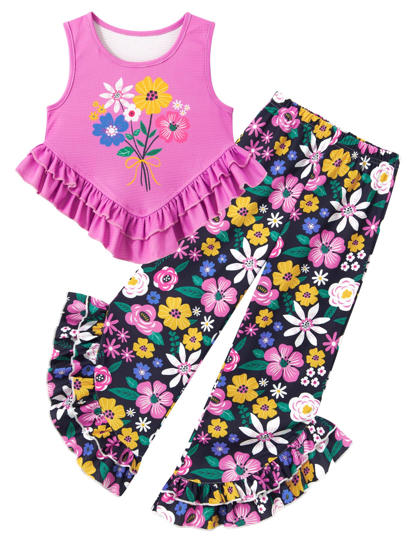 Girls purple floral pants set with ruffle tank top, lightweight two piece outfit for summer vacations and everyday activities.