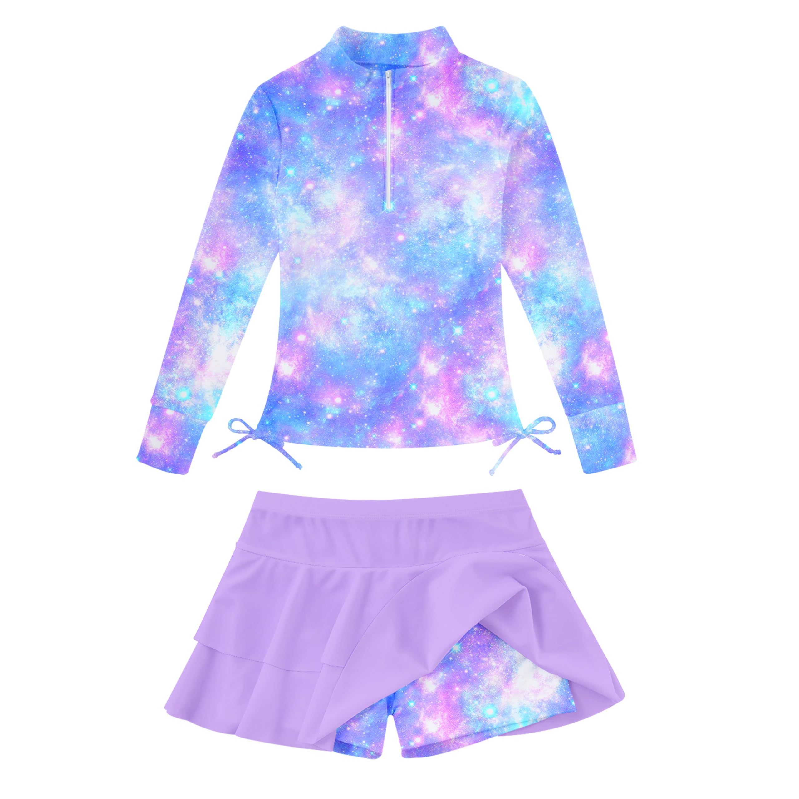 Girls purple galaxy nebula print long sleeve swimsuit set with skirt, unique kids swimwear for swimming and summer adventures.