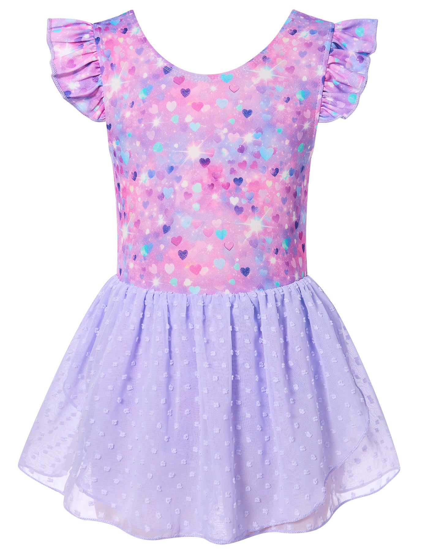Girls purple heart print dance leotard dress with soft skirt design, comfortable clothing for ballet and performances.