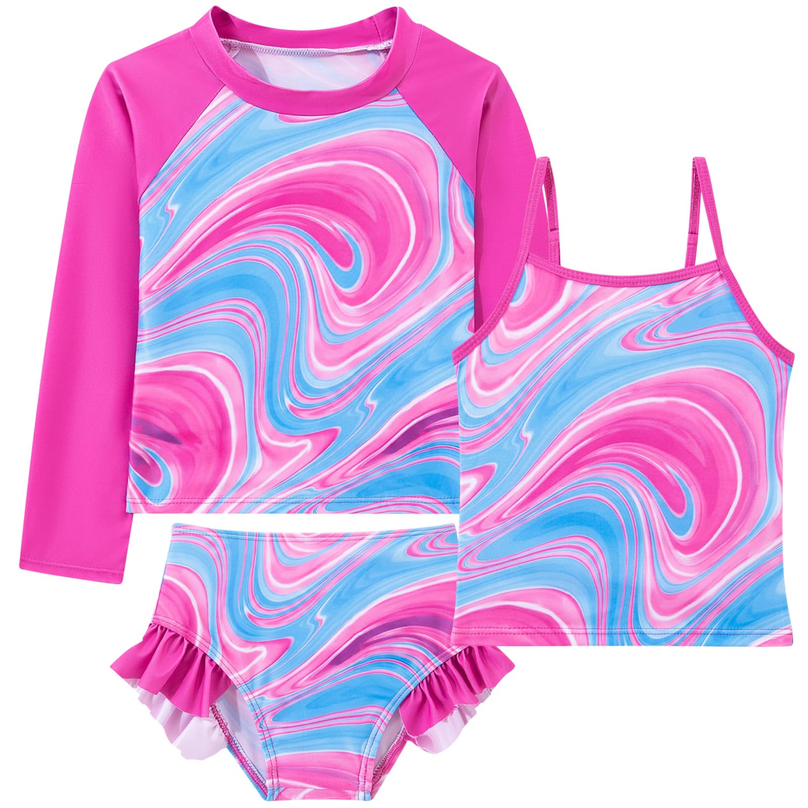 Girls purple swirl print rash guard swim set with colorful design, soft stretch fabric and comfortable fit.