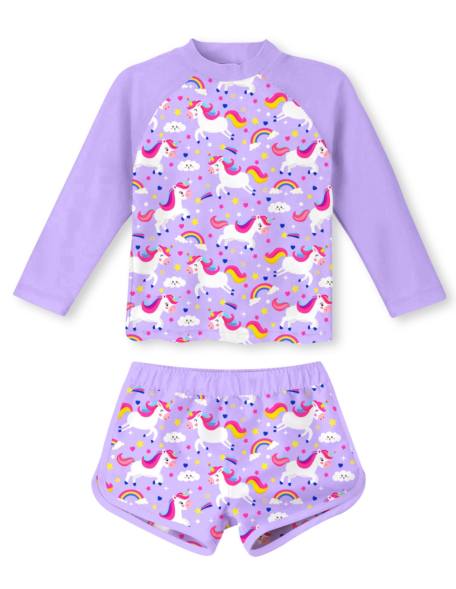 Girls purple unicorn rash guard swim set with long sleeve top and shorts, playful printed swimsuit for pool and beach.