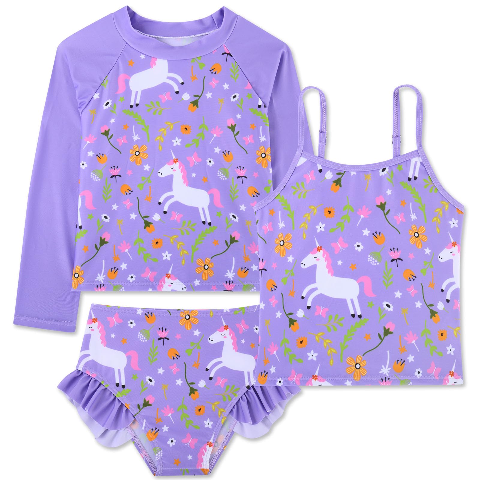 Girls purple unicorn rash guard swimsuit set with adjustable straps and ruffle shorts, magical kids swimwear for summer.