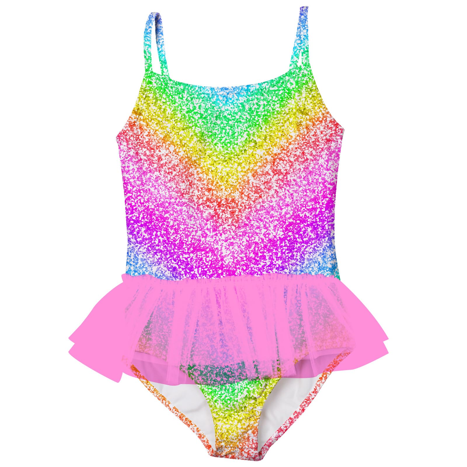 Girls rainbow sequin tutu swimsuit with colorful sparkle design and layered skirt, perfect kids swimwear for pool parties and vacations.