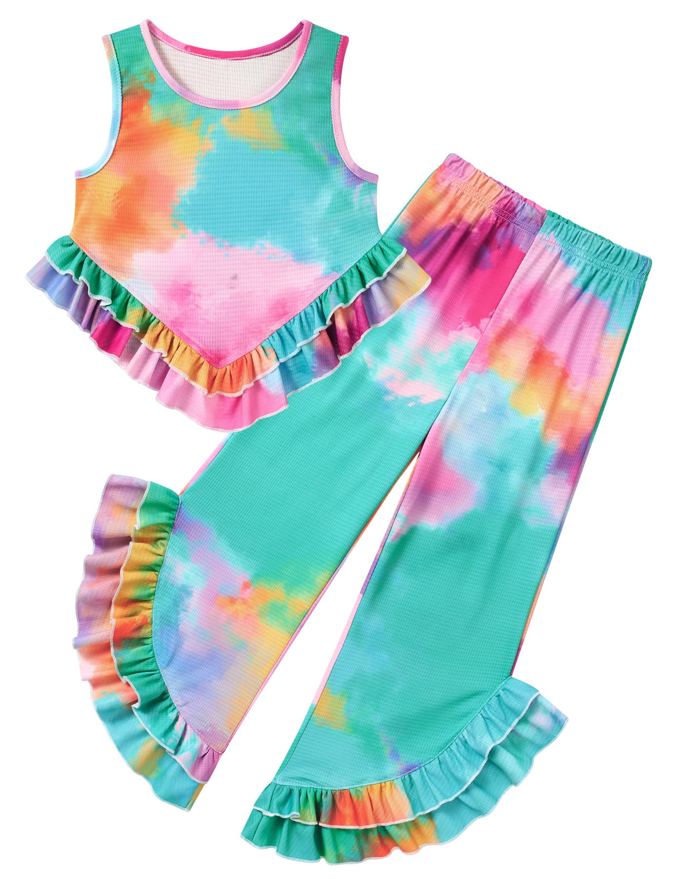 Girls rainbow tie dye ruffle tank top and pants set with colorful print, playful summer outfit for kids.