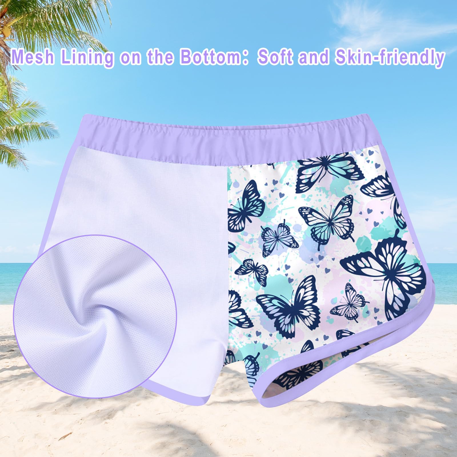 Girls two piece rash guard swimsuit with matching swim shorts featuring soft fabric, comfortable waistband and butterfly print design.