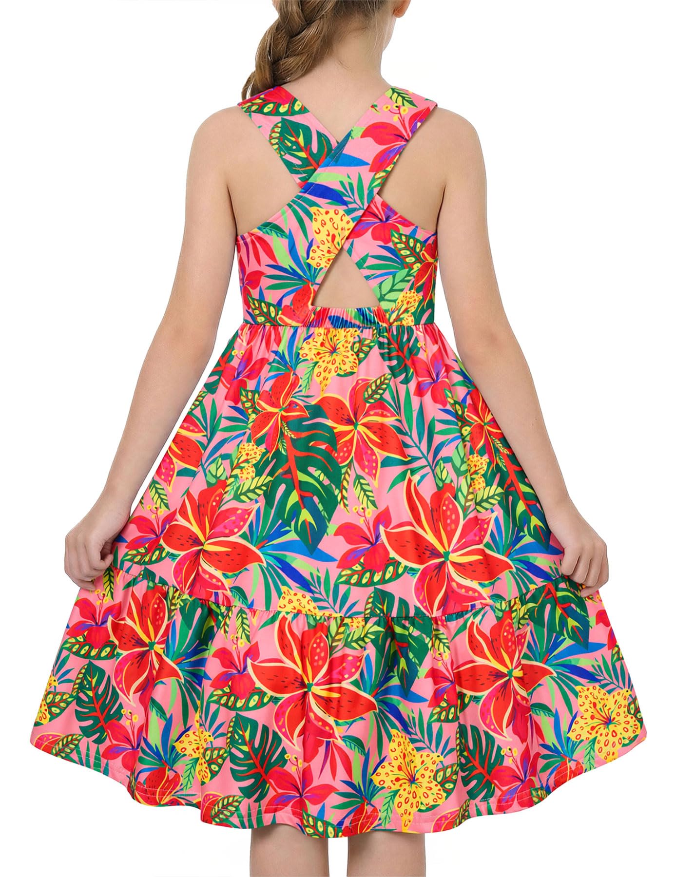 Girls red floral rainbow strap sundress with colorful print and lightweight fabric, cute summer outfit for kids.
